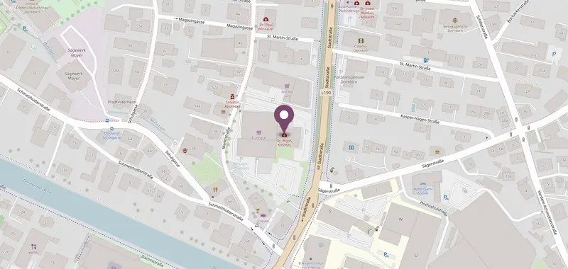 Karte der Umgebung: Die Ordination liegt an der Marktstraße 65 in Dornbirn, zwischen Marktstraße und Stadtstraße.